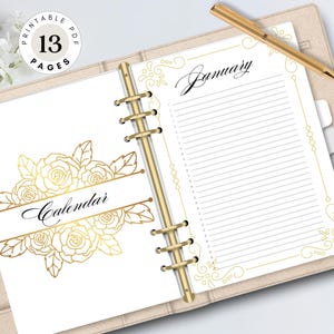 Golden Perpetual Calendar Printable - Undated Monthly Planner Inserts - Birthday List & Cover Page - Digital Download PDF