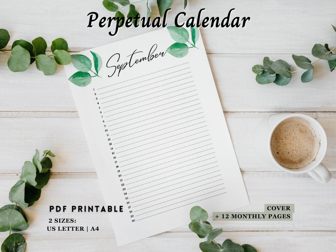 Perpetual Calendar Printable Printable Birthday Calendar Green Leaves Printable Perpetual ...