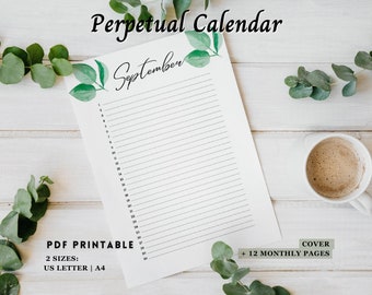 Perpetual Calendar Printable | Printable Birthday Calendar | Green Leaves | Printable Perpetual | Monthly Dashboard