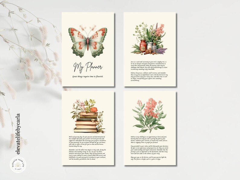 Beautiful botanical planner dividers with aesthetic spring flowers and positive quotes, perfect for journaling and decor.