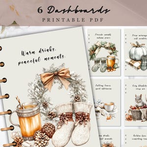 May include: A set of six printable PDF dashboards featuring autumn-themed illustrations including wreaths, pumpkins, squirrels, warm beverages, and cosy socks. Each page contains seasonal text such as Warm drinks, peaceful moments, and Crisp mornings.