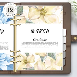 Divisores florales para planificador mensual con citas motivacionales, paneles y portadas imprimibles a todo color, descarga digital en PDF.