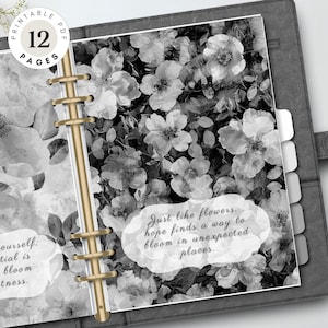 Planner con rose nere, dashboard stampabile, divisori per diario floreale e pagine di copertina con citazioni ispiratrici / A5, formato personale, Happy Classic
