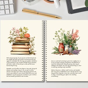 May include: A spiral-bound notebook with cream-colored pages featuring illustrations of a stack of books topped with flowers on the left and various apothecary jars with herbs on the right, accompanied by printed inspirational text in English.