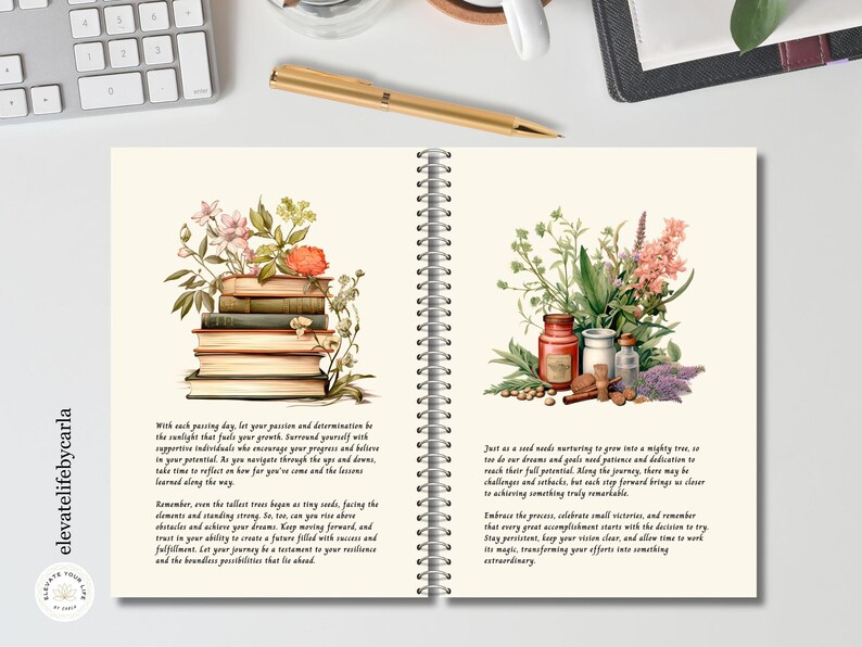 May include: A spiral-bound notebook with cream-colored pages featuring illustrations of a stack of books topped with flowers on the left and various apothecary jars with herbs on the right, accompanied by printed inspirational text in English.