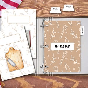 Kit personalizado para archivador de recetas - Separadores y pestañas de cocina estéticos - Archivador de libros de cocina familiares imprimible - Organizador de carpetas de comidas en PDF (descargable)