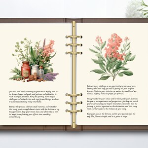 May include: A brown leather six-ring binder planner open to two pages featuring botanical illustrations of pink flowers and herbs, apothecary jars, and printed inspirational text. The left page shows a floral arrangement and text, while the right page displays a large pink flower cluster and motivational paragraphs.