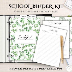 May include: A black binder with a floral design cover, dividers, and tabs. The cover features a green leaf pattern and the word "Subject". Includes "To-Do List" and "Notes" pages, and the text "School Binder Kit".