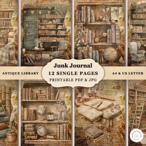 Antique Library Junk Journal Kit – Vintage Books Printable PDF for Scrapbooking & Crafts – Digital Download