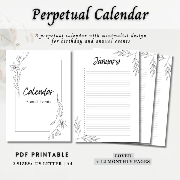 Perpetual Calendar Printable Perpetual Birthday Calendar Printable Minimalist Design Printable ...