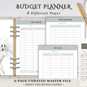 May include: A budget planner with five different pages, including income, expenses, and bills sections. The planner is undated and includes a calculator and a gold pen. The design features floral accents and the text "Budget Planner".