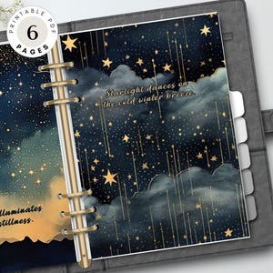 May include: A printable 6-page planner with a dark blue and gold starry night design. The planner has a quote that reads "Starlight dances on the cold winter breeze".