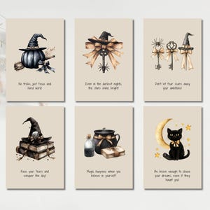 May include: Set of six art prints with watercolor illustrations of Halloween-themed objects like witch hats, keys, a black cat, and a cauldron. Each print has a motivational quote. The prints are on a beige background.