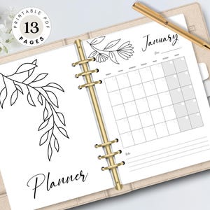 Minimalistische monatliche Planer Einsätze | Druckbare undatierte Blumen Dashboards & Deckblatt | A4 A5 Letter Halbbuchstaben PDF Download