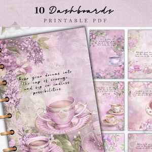May include: A set of 10 printable PDF dashboards featuring a soft purple floral theme with illustrations of teacups and saucers. Each page includes inspirational text such as Pour your dreams into the cup of courage and sip on endless possibilities.