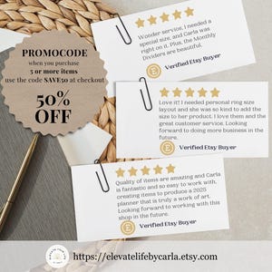 May include: Three white rectangular customer review cards with five gold stars and black text, each attached with a black paperclip. A circular tan scalloped tag displays black text reading PROMOCODE 50% OFF. A gold pen rests on a gray textured surface.