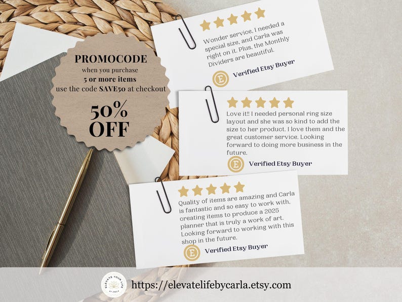 May include: Three white rectangular customer review cards with five gold stars and black text, each attached with a black paperclip. A circular tan scalloped tag displays black text reading PROMOCODE 50% OFF. A gold pen rests on a gray textured surface.