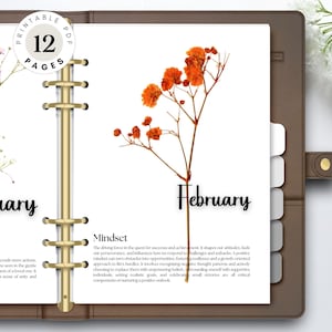 Divisores florales para planificador mensual con citas motivacionales, paneles de planificación imprimibles y portadas, descarga digital en PDF.
