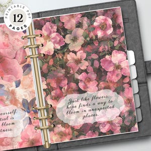 Tableau de bord de l'agenda de Wild Roses imprimable, pages de couverture et intercalaires floraux avec citations inspirantes | A5, format personnel, Happy Classic