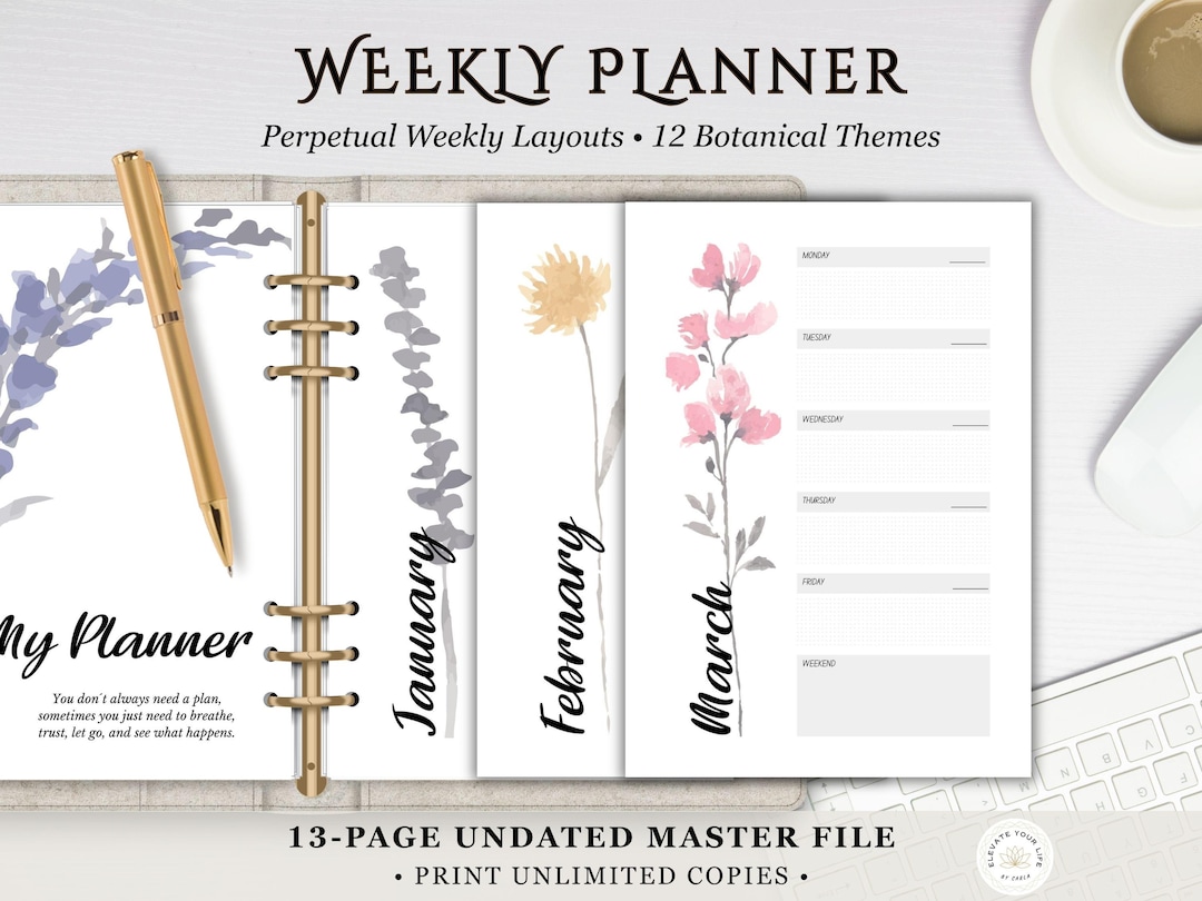 Undated Week Planner Inserts, Botanical Weekly Organizer, Perpetual ...