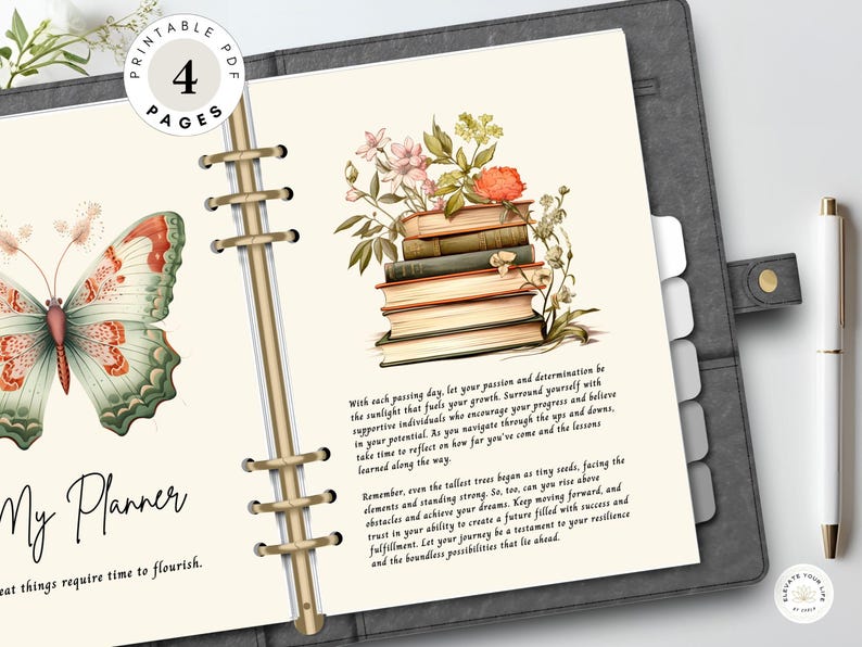 A printable planner with a floral and butterfly design. The cover features a stack of books with flowers and a butterfly. The text on the cover reads "My Planner" and "Great things require time to flourish."