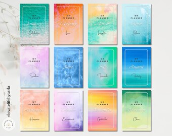 Watercolor Monthly Dividers, Month Planner Cover, Colorful Inspirational Pages (PDF Digital Download)