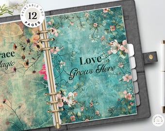 May include: A ring-bound planner featuring teal pages with floral illustrations and the text Love Grows Here and Embrace Magic. The planner includes a white pen and a circular badge indicating 12 printable pages.
