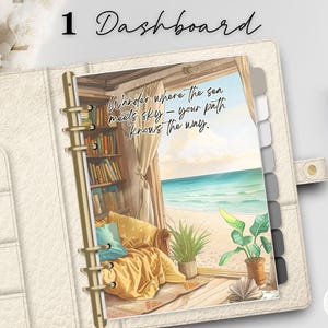 May include: A planner dashboard insert with a watercolor illustration of a beach scene. The insert features a quote: "Wander where the sea meets sky - your path knows the way." The planner is cream-colored with gold accents.