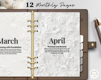 May include: An open planner with a brown leather cover featuring gold rings. The pages display the months of March and April with white embossed floral patterns. The text reads 12 Monthly Pages, March Blossoming with Possibilities, and April Renewal and Rebirth. A white and gold pen rests on the side.