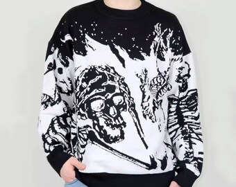 Black Skeleton Sweater, Bone Print Sweater, Y2K Knitted Sweater, Skull Gothic Grunge Sweater, Graphic Streetwear Sweater, Unisex Sweater