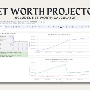 May include: A screenshot of a spreadsheet program showing a net worth projection for the next 25 years. The spreadsheet includes a table with data on income, expenses, and investment growth. The spreadsheet also includes two charts: one showing net worth over time and another showing income and expenses over time.