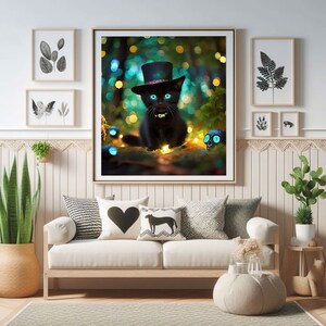 May include: A black cat wearing a top hat and a black bow tie sits in a forest setting with glowing lights and a skull. The cat has bright blue eyes.