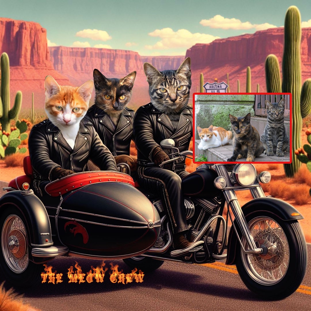 3 Cats on a Motorbike Custom Pet Portrait From Photo of Three Biker ...