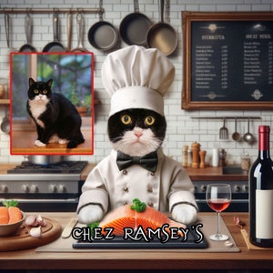 Funny Cat as a Chef Custom Pet Portrait from photo, personalized chef cat with your cat's name, gift for culinary enthusiasts and cat lovers