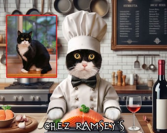 May include: A black and white cat dressed as a chef is preparing a salmon dish. The cat is wearing a white chef's hat and a black bow tie. The cat is standing in front of a wooden cutting board with a salmon fillet on it. The cat is holding a knife in its right paw. The cat is looking at the camera. The text "CHEZ RAMSEY'S" is written on the cutting board.