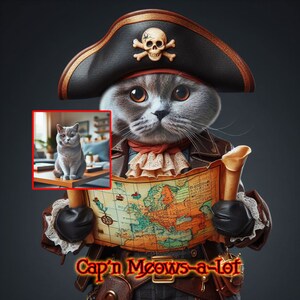 Pirate British Shorthair Cat Custom Portrait From Photo Digital Print Personalized Wall Art of your pet, works with dogs and other pets too.