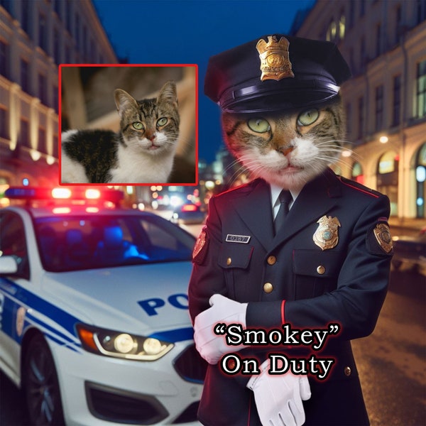 Cat as a Cop Custom Pet Portrait from photo, Police officer cat personalized digital print cat in police uniform