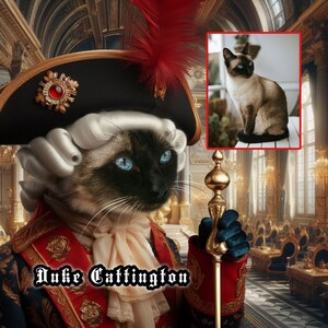 Custom Regal Siamese Cat Personalized Royal pet portrait from photo, perfect for cat lovers, kids room digital wall art print