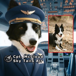 Dog as Border Collie Airline pilot Custom Digital Pet portrait from photo gift for dog lovers and airport staff with personalized pet name