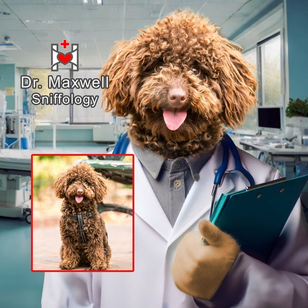 Dog as Doctor Custom Pet Portrait from Photo with Personalized Name and Specialty, Poodle doctor decor, Medical Gift Idea, Graduation gift