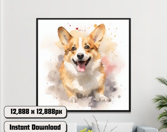 Watercolor Corgi Dog Art Print, Digital Download, Pet Portrait, Large Format 12,888px PNG, Wall Decor, Animal Illustration for Home