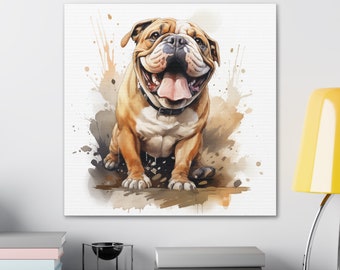 Vibrant Bulldog Canvas Art | Playful Watercolor Pet Portrait | for Bulldog Lovers | Whimsical Home Decor | Original Dog Illustration