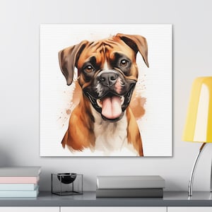 Friendly Boxer Dog Canvas Print, Lively Watercolor Canine Art, Playful Pet Home Decor, Affectionate Dog Portrait, Doglover Mom Gift For Her