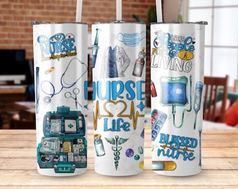 May include: Three white stainless steel tumblers with blue and white designs. The tumblers feature a variety of medical-themed illustrations, including a stethoscope, a syringe, a heart, and a first aid kit. The text on the tumblers includes "Nurse Love Inspire Heal", "Nurse Life", and "I Stab People For A Living Blessed Nurse".