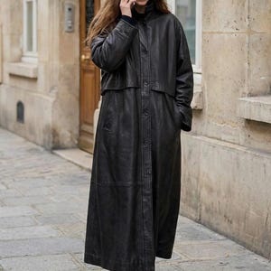 Leather 90s maxi trench, sheepskin coat, full length coat, women long black coat, retro genuine leather jacket