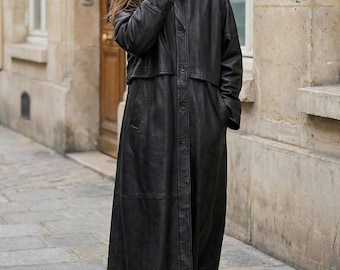 Leather 90s maxi trench, sheepskin coat, full length coat, women long black coat, retro genuine leather jacket