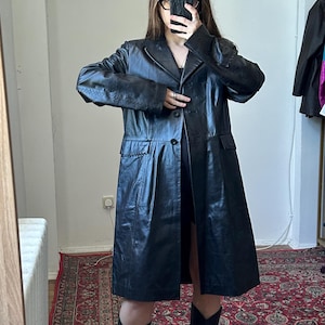 Leather black trench coat, vintage biker moto jacket, women leather 80s blazer, 90s leather blazer, classic jacket size S-М