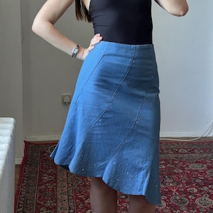 Asymmetrical  Orna Farno festival denim skirt, jeans vintage denim y2k skirt, boho fairy a line skirt, renaissance circle garba France skirt