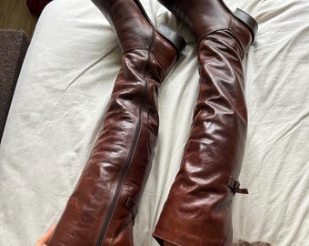 Knee high tall leather boots, vintage brown cosplay bootslace up grounding boots, egghead barefoot shoes, zero drop renaissance boots EU 36