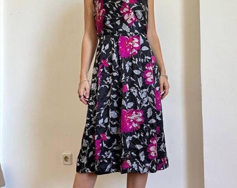 Vintage Y2K Monsoon Black Floral Silk Bias Cut Dress Size 16, floral 100% silk 90s dress